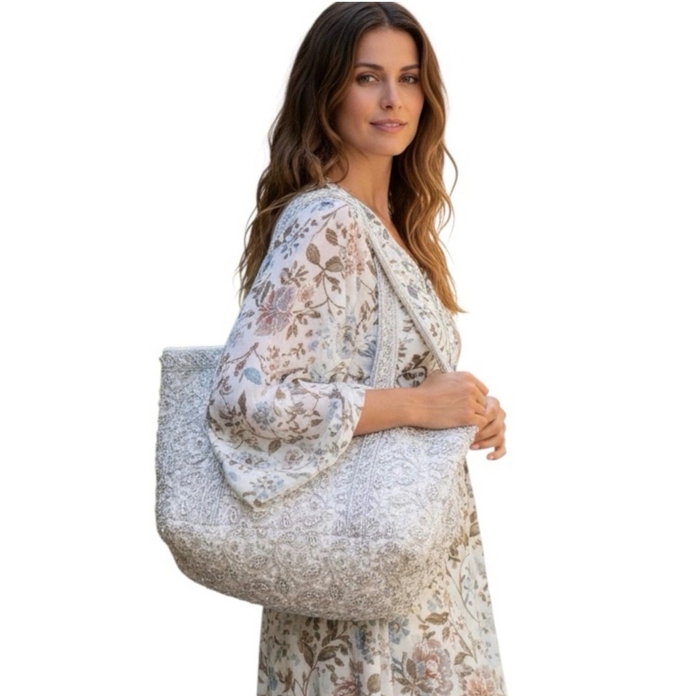 POL Hand Block Print Quilted Cotton Tote Bag Grey White Paisley SMQE18 NEW